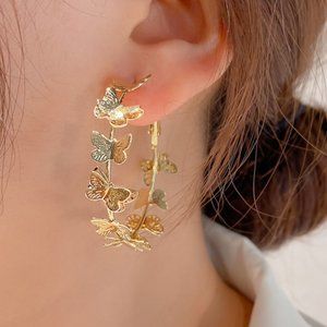 NEW 1.75'' Gold Multi Butterfly Hoop Earrings
